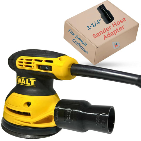 Universal Sander Vacuum Adapter 1-1/4 Inch Hose for Dust Collection shown attached to yellow DeWalt sander