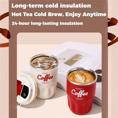 Smart Temp Insulated Coffee Tumbler Leak Proof Travel Mug With Handle Stainless Steel with iced coffee and latte on a table