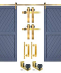 Gold Barn Door Hardware Kit For Two Doors Adjustable 12 Foot Track System With Brushed Brass Finish Modern Sliding Door Hardware Set Includes Two Door Handles Floor Guides And All Mounting Hardware Door Not Included.