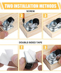 Mini Caster Wheels Set Of 12 Features Low Profile Nylon Rollers installation guide using screw and double-sided tape.