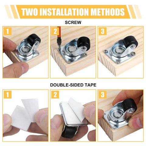 Mini Caster Wheels Set Of 12 Features Low Profile Nylon Rollers installation guide using screw and double-sided tape.
