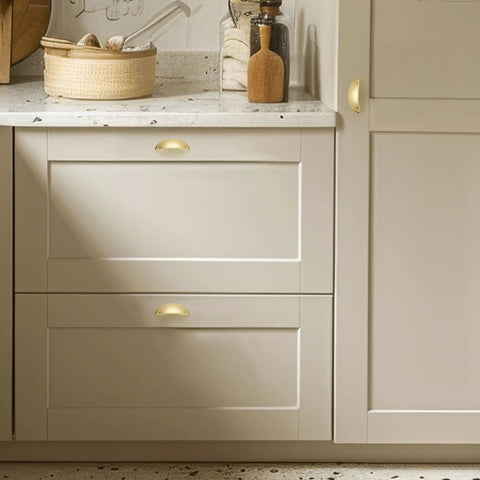 Kitchen cabinet with 12 Pack 3 Inch Brushed Brass Cabinet Drawer Pulls Cup Style Handles For Kitchen Hardware shown on drawers