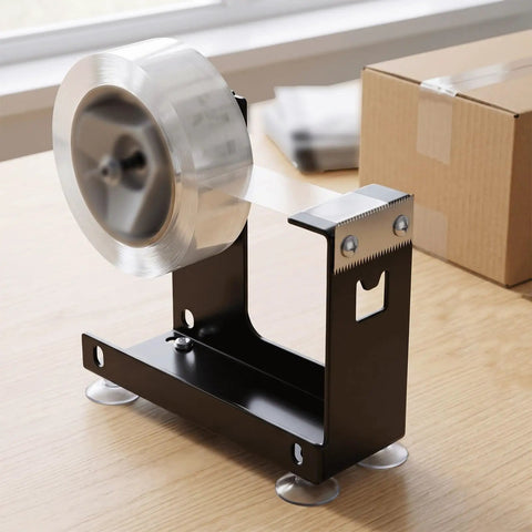 Heavy Duty Desktop Tape Dispenser With Solid Steel Base And Precision Serrated Blade For Straight Up Clean Cuts On Packing Boxes And Office Supplies No Sweat Desk Setup on a wooden desk.
