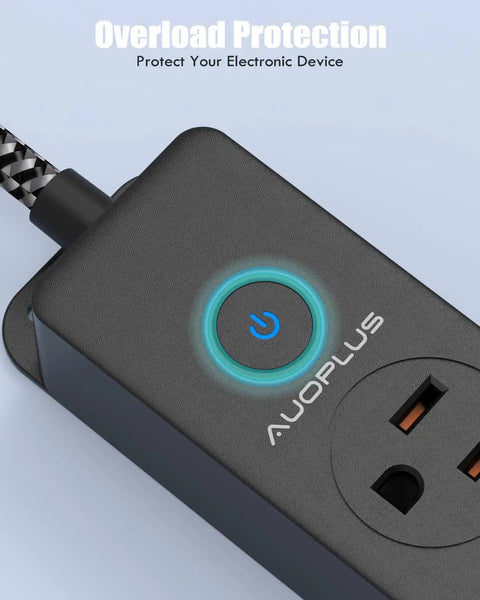 Surge Protector Power Strip With USB C Ports, 5 Outlets And 3 USB Ports, close-up with braided cord and overload protection