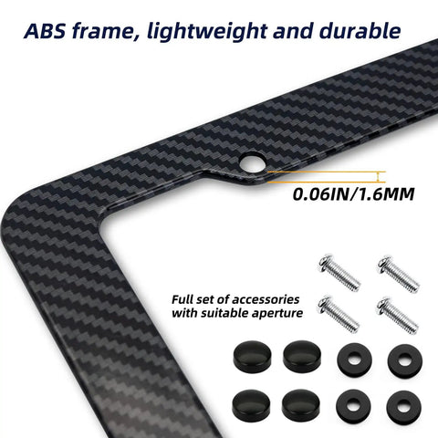 Sick Carbon Fiber License Plate Frame 2 Pack With Fasteners And Screws, close-up of ABS frame with included screws and covers