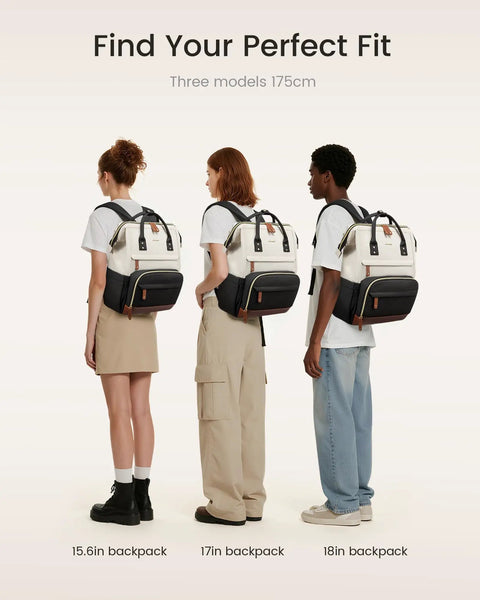 Models wearing 15.6 Inch Laptop Backpack For Women With Wide Open Frame For Quick Access Waterproof Large Capacity Daypack in three sizes.
