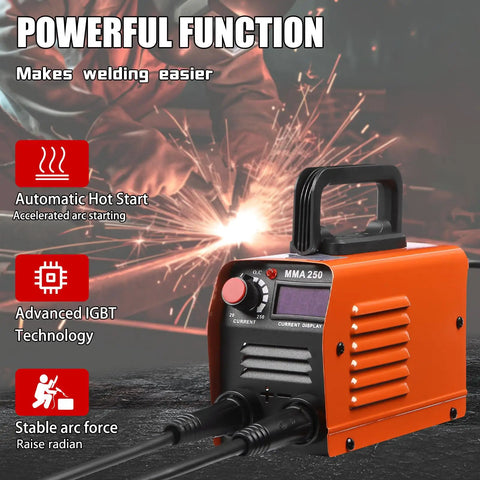 Mini Portable MMA 250A Stick Welder 110V IGBT Inverter with Hot Start, Arc Force, Anti Stick, in use at a garage workbench