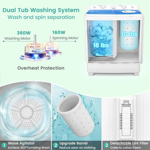 No Sweat Twin Tub Portable Washing Machine With 28 Pounds Capacity Featuring Eighteen Pound Wash Bowl And Ten Pound Spin Cylinder showing dual tub system.