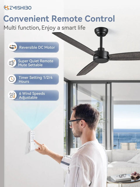 2 Pack 52 Inch Outdoor Ceiling Fans With Remote Black No Light Quiet Reversible DC Motor 6 Speeds 3 Blade Modern Ceiling Fans