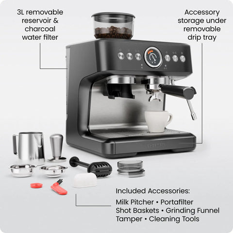 Side view of Deluxe Espresso Machine With Double Boiler, Milk Frother And Steam Wand, Semi Automatic, Built In Grinder And 30 Grind Settings For Barista Quality At Home, Brew And Froth Simultaneously with accessories.