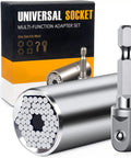 Universal Socket Wrench Kit With Power Drill Adapter, 54 Pin Spring Socket Set Fits Standard Nuts From Quarter Inch To Three Quarter Inch And Seven To Nineteen Millimeters, Great Fathers Day Gift For Dad Husband DIYer Stocking Stuffers, shown in box with adapter.
