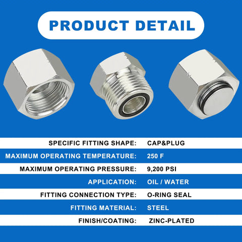 ORFS Flat Face Seal Cap And Plug Kit For Hydraulic Hose Fittings 72 Piece Set showing steel caps and plugs with O-ring seals
