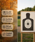 4x20 Rimfire Riflescope with crosshair reticle parallax free at 50 yards features and target image
