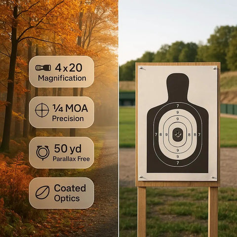 4x20 Rimfire Riflescope with crosshair reticle parallax free at 50 yards features and target image