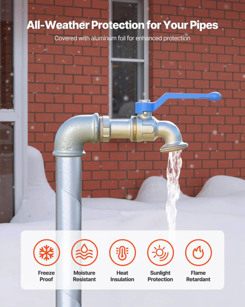 Outdoor pipe protected with Pipe Insulation Wrap 32.8 Feet By 2 Inches With Aluminum Foil Layer Self Adhesive Foam for all-weather use.