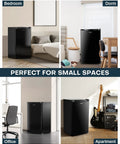 Mini fridge with freezer, 3.2 cu ft, black, single door; shown in bedroom, dorm, office, apartment.