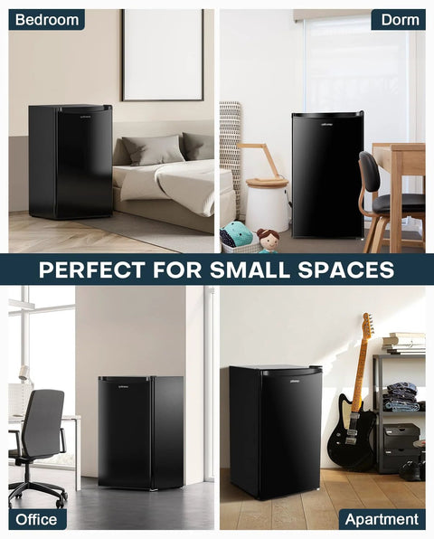 Mini fridge with freezer, 3.2 cu ft, black, single door; shown in bedroom, dorm, office, apartment.