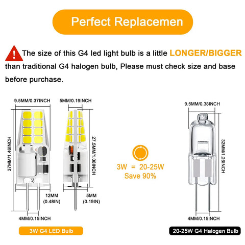 Comparison of G4 LED Bulb 3W JC Bi-Pin, 12V ACDC Daylight White 6000K with G4 halogen bulb showing size difference