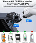 Upgraded Ccs To Tesla Charging Adapter Drops In Seamless 250Kw Level 3 Dc Fast Charge Nacs Ready shown connecting to CCS1 and NACS stations.
