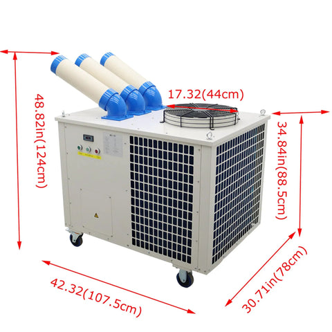 Crush The Heat Industrial Air Conditioner Dropping 28900 BTU with adjustable ducting and wheels for mobile cooling.