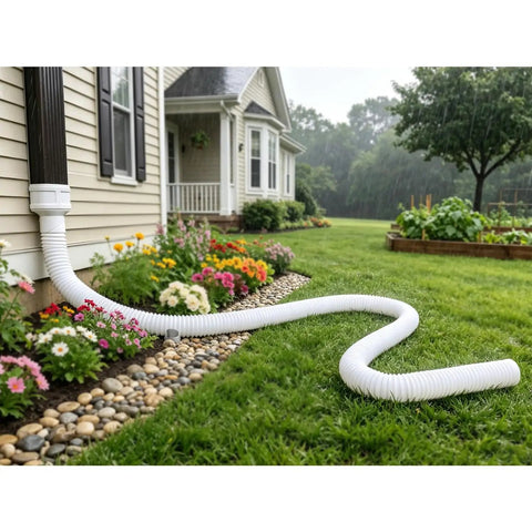 Extendable 16.5Ft Gutter Downspout Extension Pipe For 2x3 And 3x4 Downspouts, Flexible Drainage Tube, White, installed on house