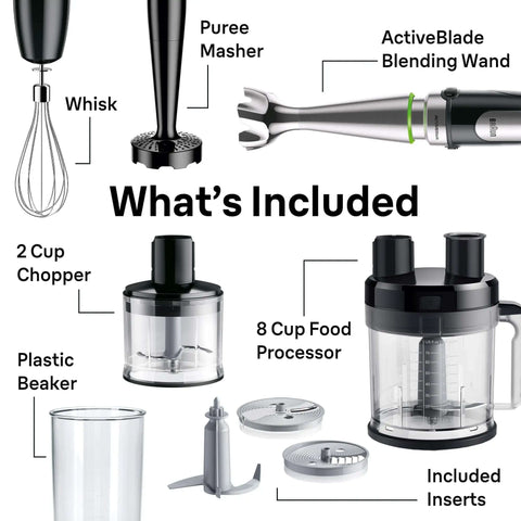 Badass Eight Attachment Hand Blender With Slick Smart Speed Controls And Instant Pulse Mode For No Fuss Vegetable Pureeing Herb Chopping And Creamy Soup Making In Your Home Kitchen includes blending wand, chopper, and beaker.