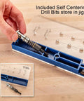Shelf Pin Drilling Jig For Cabinets And Woodworking With 1/4 Inch And 5mm Self Centering Bits showcased in blue case with hand.