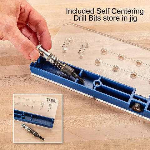 Shelf Pin Drilling Jig For Cabinets And Woodworking With 1/4 Inch And 5mm Self Centering Bits showcased in blue case with hand.