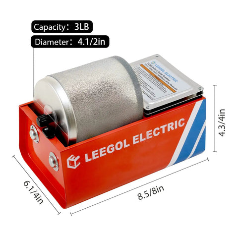 Side view of 3Lb Rock Tumbler For Jewelry Making And Polishing, red base, silver barrel, labeled capacity and dimensions, brown finish.