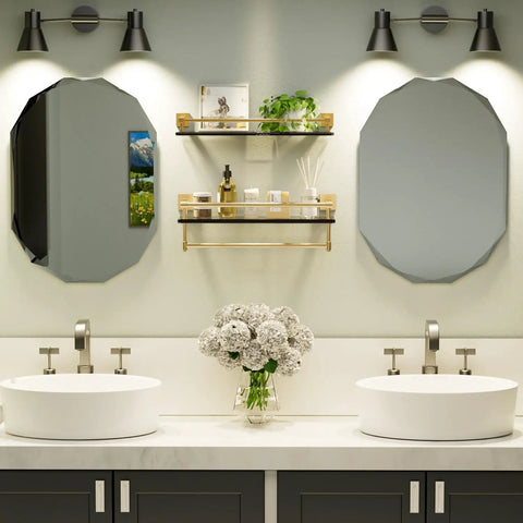 Slick Brushed Gold Glass Bathroom Shelf With Towel Bar, Wall Mounted, 8mm Tempered Glass above double sinks, modern spa look