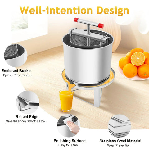 Manual Honey Press Extractor For Beeswax And Honeycomb Drums Stainless Steel Kitchen Tool With 532.6 Oz Capacity on table with oranges