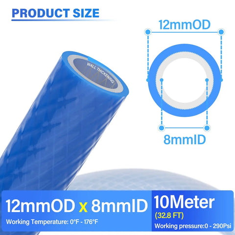 Reinforced Polyurethane Blue Air Hose With 12Mm Outer Diameter, 10 Meter Length, 8Mm Inner Diameter, High Flex, size details
