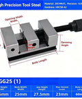 QGG25 1 Inch Vise Clamp Precision Milling Machine Vise 25mm steel body with detailed measurements for precise clamping tasks.