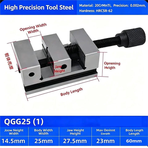 QGG25 1 Inch Vise Clamp Precision Milling Machine Vise 25mm steel body with detailed measurements for precise clamping tasks.