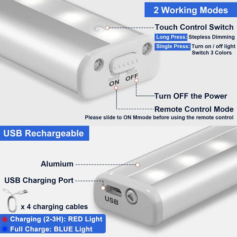 Stick On Wireless Under Cabinet Lights Anywhere With Remote Control Dimmable 20 LED Rechargeable Night Light showing switches and USB port.