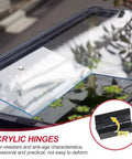 Rock Solid Acrylic Piano Hinges For Cabinet And Furniture Dead Easy Install Continuous Folding Design Compact 45X35MM Size, shown on glass panel.