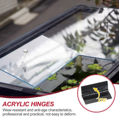 Rock Solid Acrylic Piano Hinges For Cabinet And Furniture Dead Easy Install Continuous Folding Design Compact 45X35MM Size, shown on glass panel.