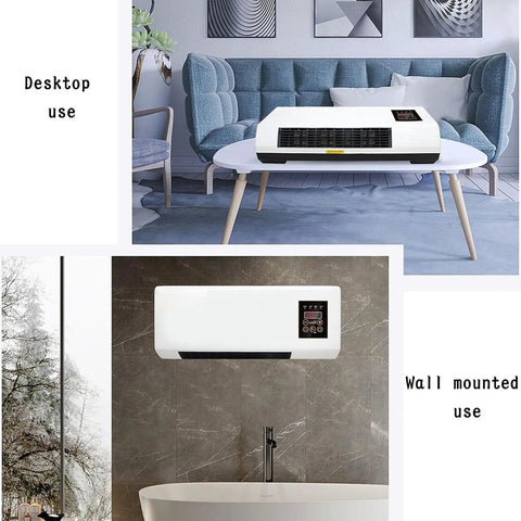 Image showing Wall Mounted Heater And Air Conditioner Featuring Remote Control Built In Timer Ultra Quiet Operation No Sweat Install mounted above a bathtub.