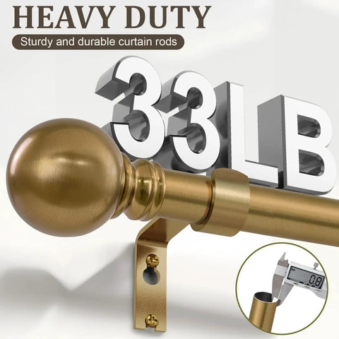 Heavy Duty Brass Finish Curtain Rod Set In Warm Gold Tone with 33LB weight capacity and 0.8 mm thickness shown on gauge detail.