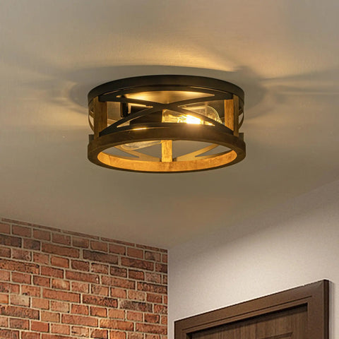 Farmhouse Round Flush Mount Ceiling Light With Wood And Black Metal Frame 2 Light Rustic Ceiling Fixture