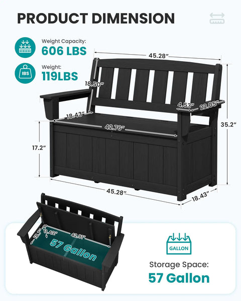 HDPE Outdoor Storage Bench With 57 Gallon Dual Use Seat And Organizer, black bench with dimensions and inner storage view.