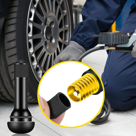 Mechanic installing Tubeless Tire Valve Stems Set Of 100 Pieces TR412 TR413 TR414 Rubber Black Snap In Valves For 0.453 Inch Rim Holes