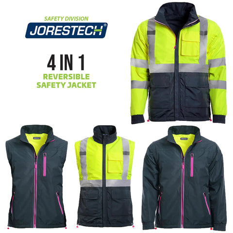 Hi Vis 4 In 1 Reversible Work Jacket With Removable Sleeves For Construction And Roadwork ANSI ISEA 107 2020 Class 3 Type R