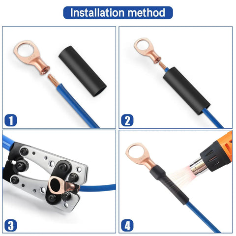 Heavy Duty Battery Lugs Set 10 Pieces For 1/0 To 3/8 Inch Cable With 3 To 1 Heat Shrink Tubing Ring Terminals Copper Eyelets Electrical Connectors UL Listed For Automotive Marine And DIY Power Projects installation steps with crimping and heat shrink