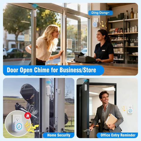 Wireless Door Chime Alarm System With Adjustable Volume And 500 Ft Indoor Range Includes 5 Magnetic Door Sensors And 2 Plug In Receivers Perfect Home Or Small Office Alert Kit No Fuss Setup displayed in business and office scenarios
