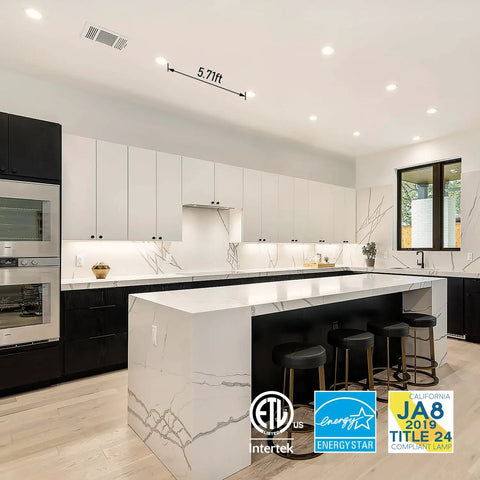 Modern kitchen with Ultra Thin 6 Inch LED Recessed Light Kit With Junction Box Pack Of 6 13.5W Dimmable installed on ceiling
