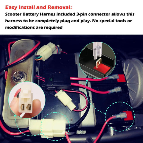Scooter Battery Harness For Razor Scooters 14Awg 600V 3 Pin 2 Wire Water Resistant Replacement Power Cord installation detail