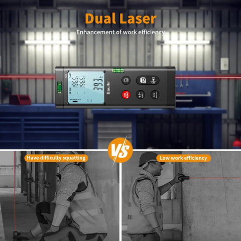 Dual Laser Distance Meter Workhorse With 393 Foot Range Aluminum Body Rechargeable Battery Real Time Measurements Every Half Second All In One Tool For Measuring Area Volume And Angles With 3mm Precision Class II Laser displayed in use