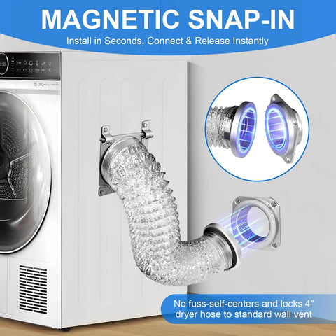 Magnetic Dryer Vent Connector Kit 4-Inch By 31.5-Inch Aluminum Foil Hose With Clamps attached to a dryer wall vent.