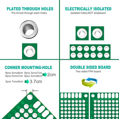 Double Sided PCB Perfboard Kit With 34 Pcs Tinned Through Holes In 5 Sizes 2x8 3x7 4x6 5x7 7x9 FR4 Prototyping Board diagram